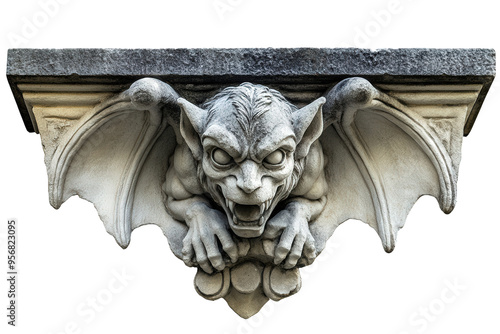 A striking stone gargoyle sculpture with bat-like wings, showcasing detailed craftsmanship and fierce expression.