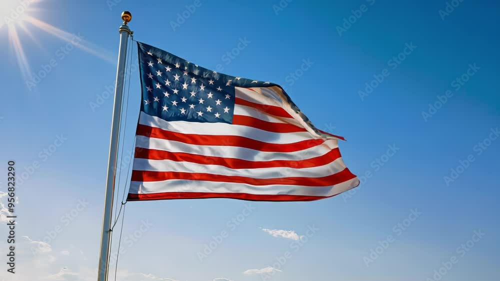 American flag waving under a clear blue sky with sunlight in background, 4k video American flag waving under a clear blue sky with sunlight in background, 4k video