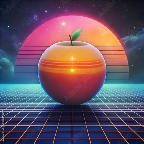 A vibrant. 3D illustration of a peach in a retro 80s style. set against a neon sunset and a gridded landscape. photo