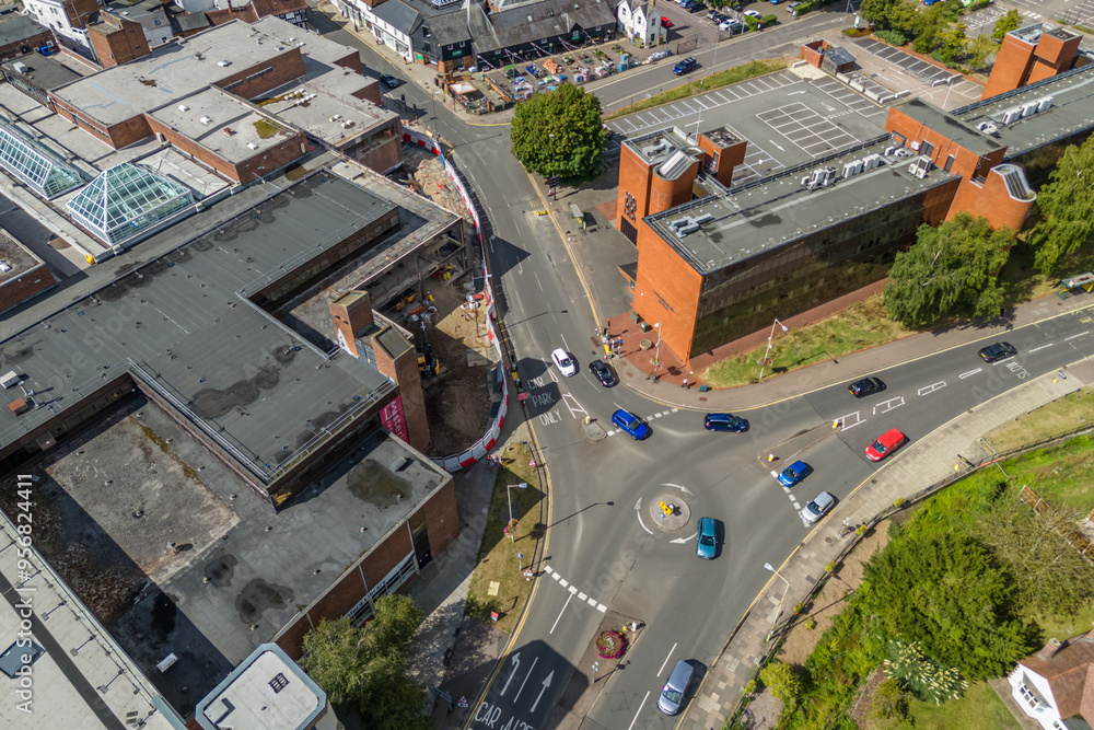 Aerial drone shot over cars driving on the road in Bishops Stortford in England Aerial drone shot over cars driving on the road in Bishops Stortford in England
