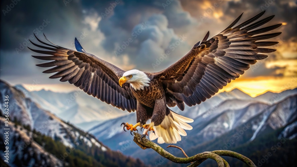 A majestic bald eagle spreads its wings, talons outstretched, as it grasps a serpent in mid-air, locked in a fierce and symbolic struggle.