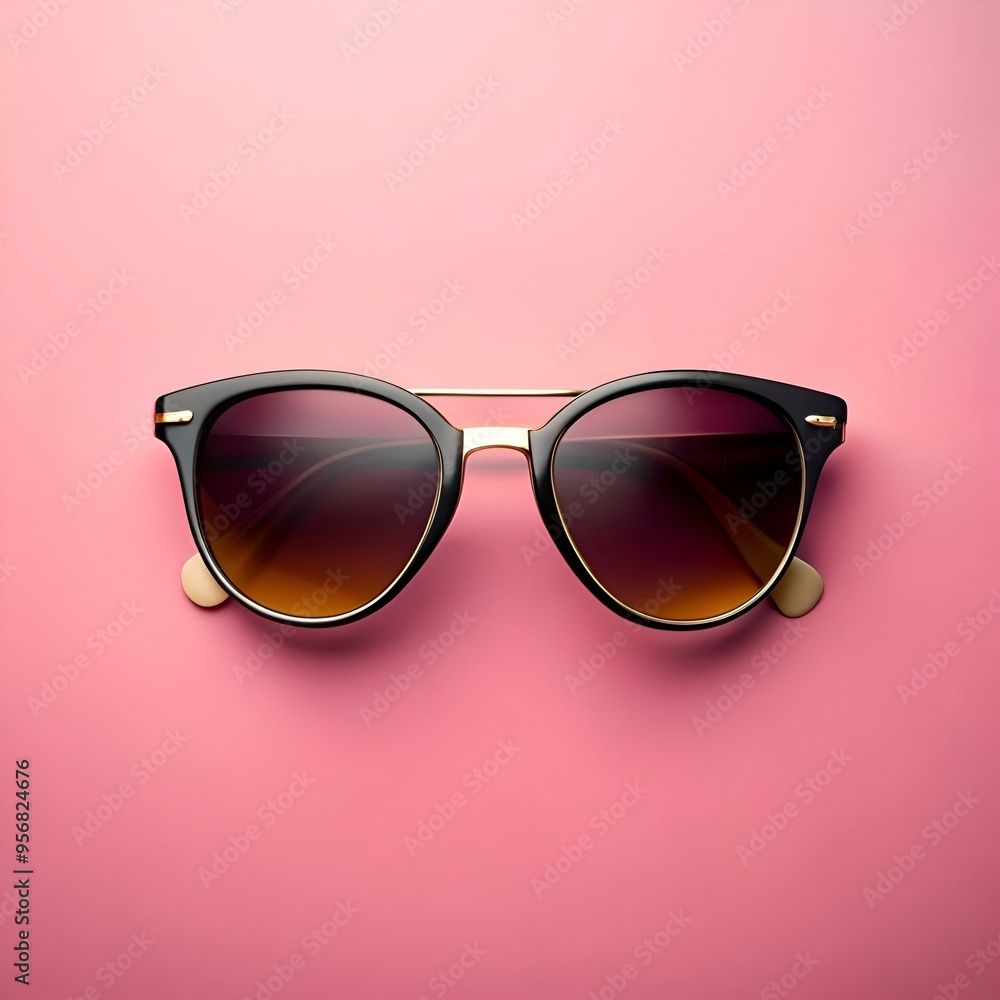 Stylish black sunglasses with a gold bridge and arms. isolated on a vibrant pink background. Stylish black sunglasses with a gold bridge and arms. isolated on a vibrant pink background.