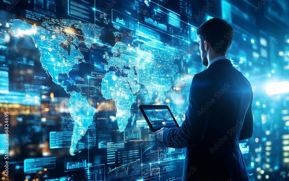 A businessman analyzes global data on a digital interface, showcasing technology and connectivity. A businessman analyzes global data on a digital interface, showcasing technology and connectivity.