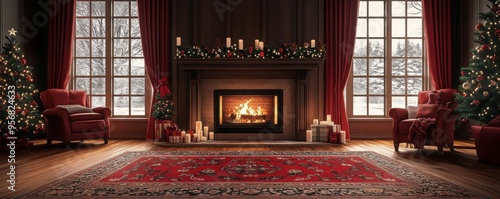 A digital illustration of a fireplace in a family room during Christmas