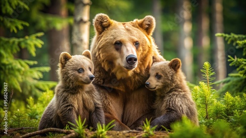 A majestic brown bear gently cuddles her two adorable cubs in a serene forest, showcasing tender maternal love and nurturing instincts in the wild.