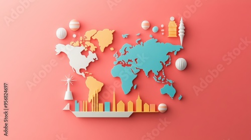 Stylish illustration of a world map with landmarks and vibrant colors, perfect for travel and geography themes. photo