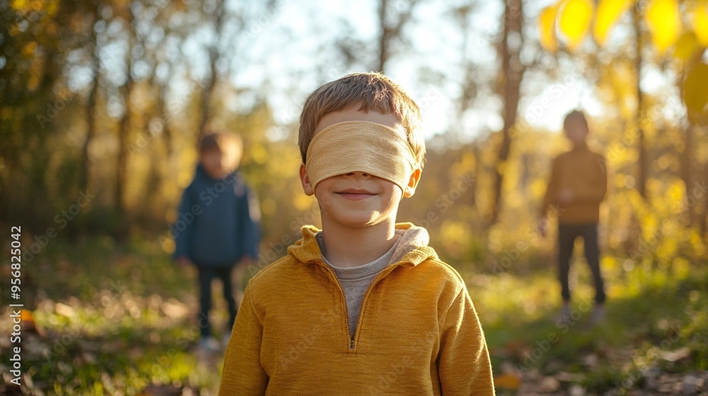 Blindfolded child in yellow jacket stands in autumn forest, surrounded by blurred figures, creating an eerie yet intriguing scene of childhood mystery. Blindfolded child in yellow jacket stands in autumn forest, surrounded by blurred figures, creating an eerie yet intriguing scene of childhood mystery.