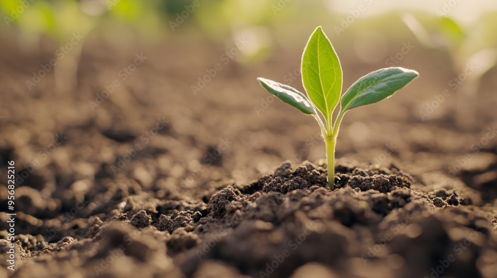 Fototapeta premium Emerging Sprout, a young plant breaking through the soil, surrounded by openness, representing growth, resilience, and the beauty of simplicity in nature.
