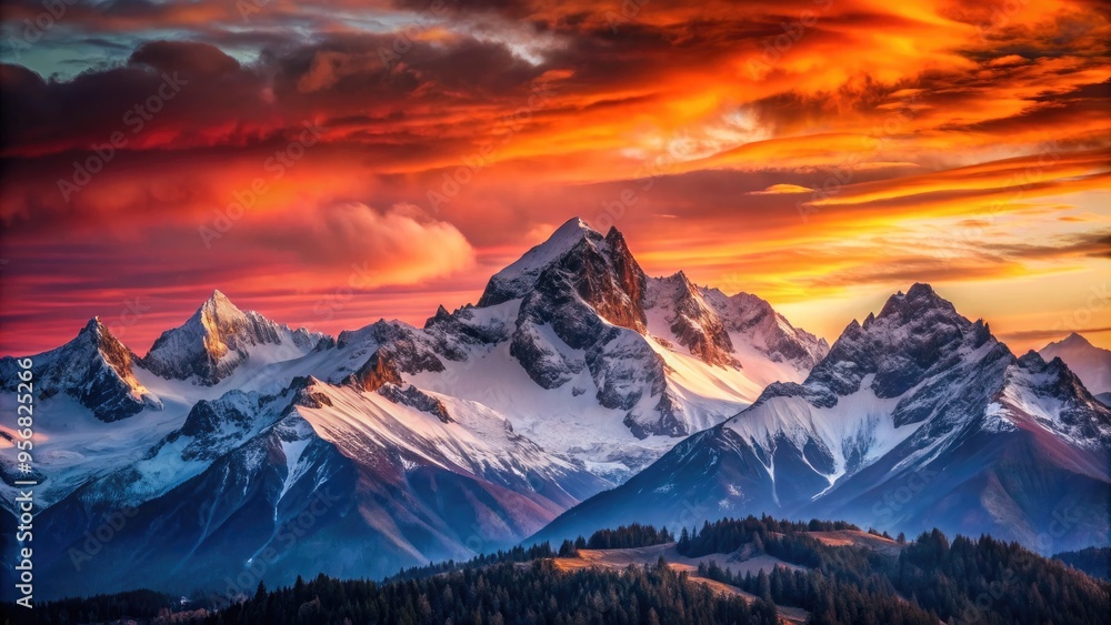 Obraz premium A majestic mountain range at sunset, its rugged silhouette sharply defined against a vibrant orange and pink sky, with snow-capped peaks and distant mist.