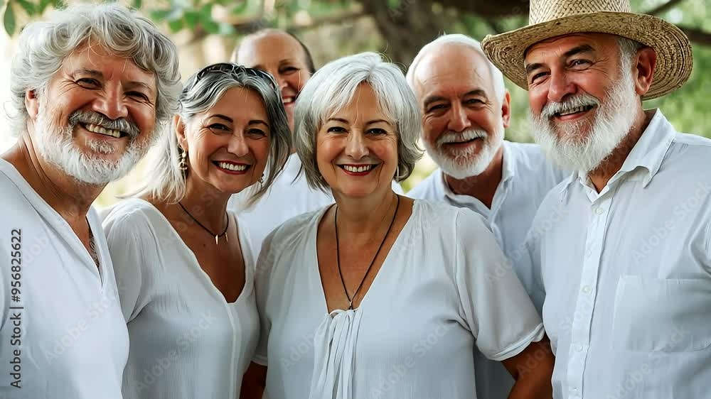 A group of older people are smiling for the camera. They are all wearing white shirts and hats A group of older people are smiling for the camera. They are all wearing white shirts and hats