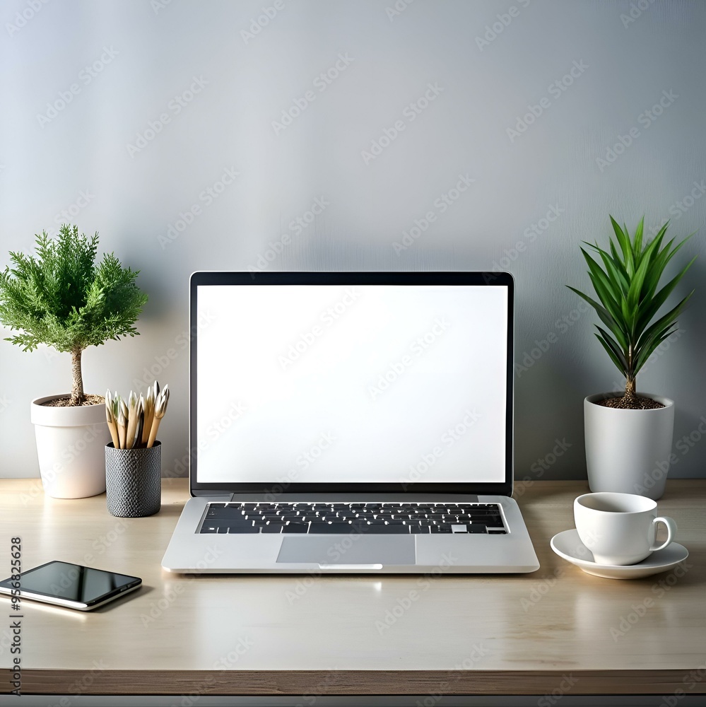 Clean and modern mockup featuring a laptop with a blank screen on a wooden desk. perfect for showcasing website designs. apps. or presentations. Clean and modern mockup featuring a laptop with a blank screen on a wooden desk. perfect for showcasing website designs. apps. or presentations.