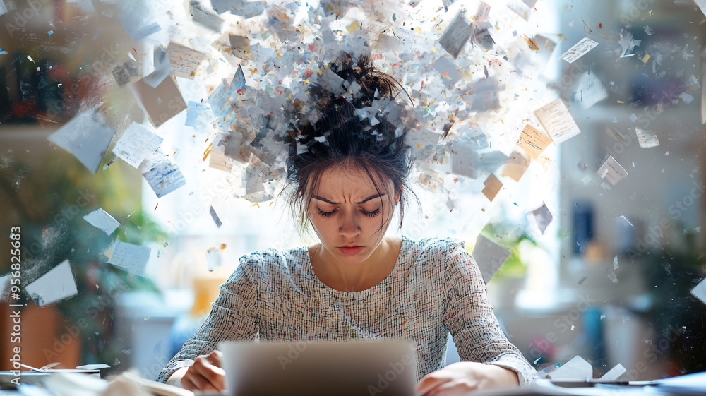 A woman overwhelmed by ideas and papers while studying at her desk in a bright space A woman overwhelmed by ideas and papers while studying at her desk in a bright space