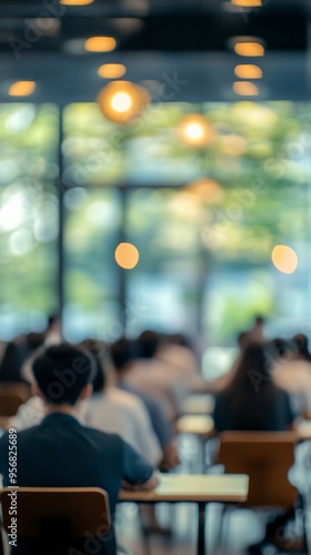 Blurred silhouettes of students in a lecture hall, with soft bokeh lights creating a dreamy atmosphere. Focus on education and learning environment.