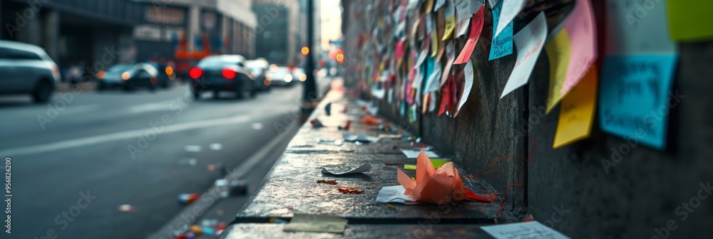 City street with a wall covered in colorful post-it notes, busy with cars and pedestrians, representing community messages and urban life with vibrant aesthetics. City street with a wall covered in colorful post-it notes, busy with cars and pedestrians, representing community messages and urban life with vibrant aesthetics.