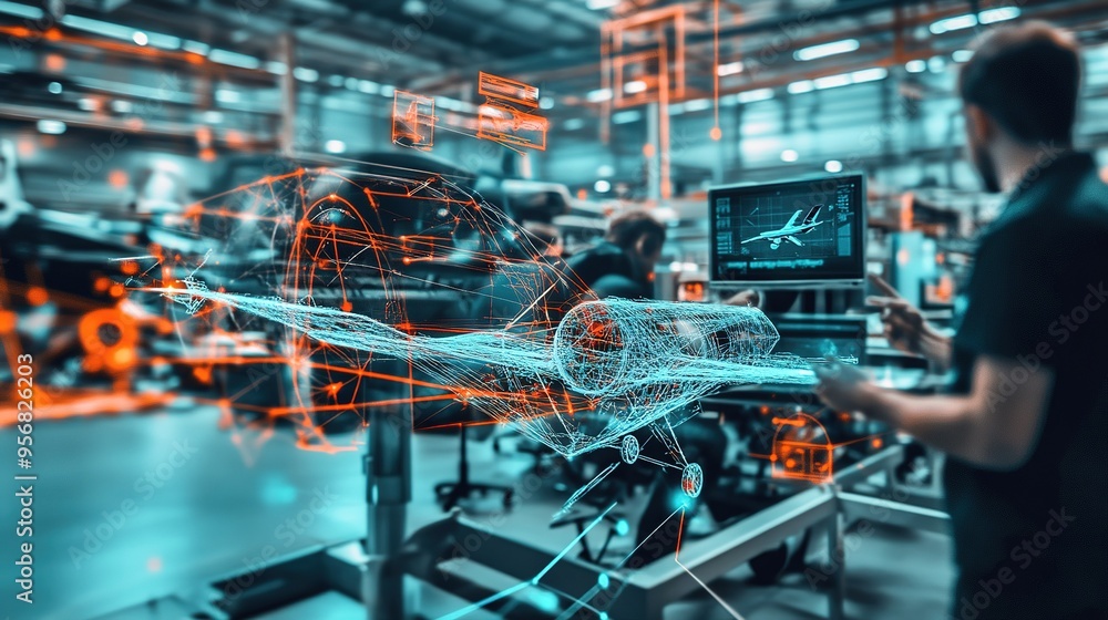 Naklejka premium Engineers working on aircraft design in a high-tech manufacturing facility with digital projections in the background