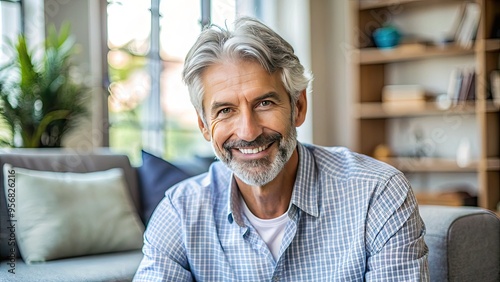 A mature adult with a gentle smile and distinguished gray hair, wearing a casual button-down shirt, sitting in a cozy living room atmosphere. photo