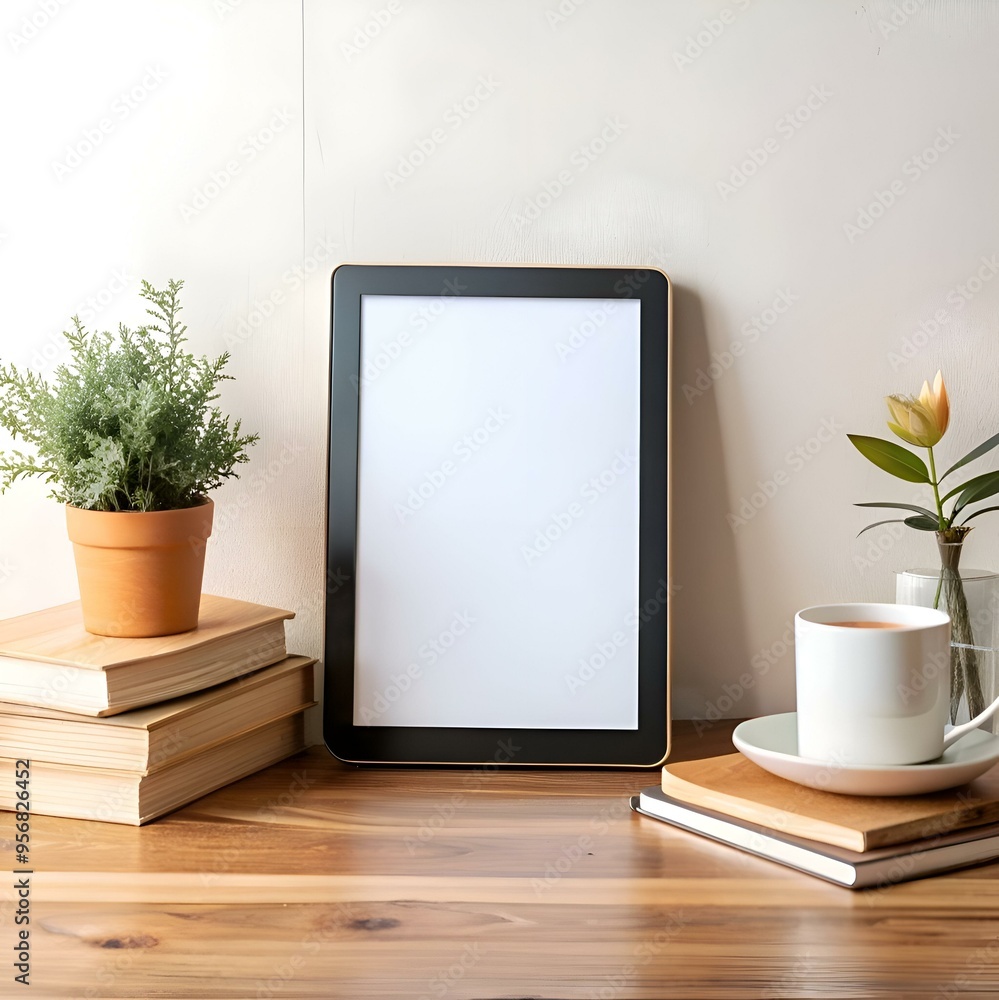 Clean. modern mockup featuring a tablet. books. and a cup of coffee. Clean. modern mockup featuring a tablet. books. and a cup of coffee.