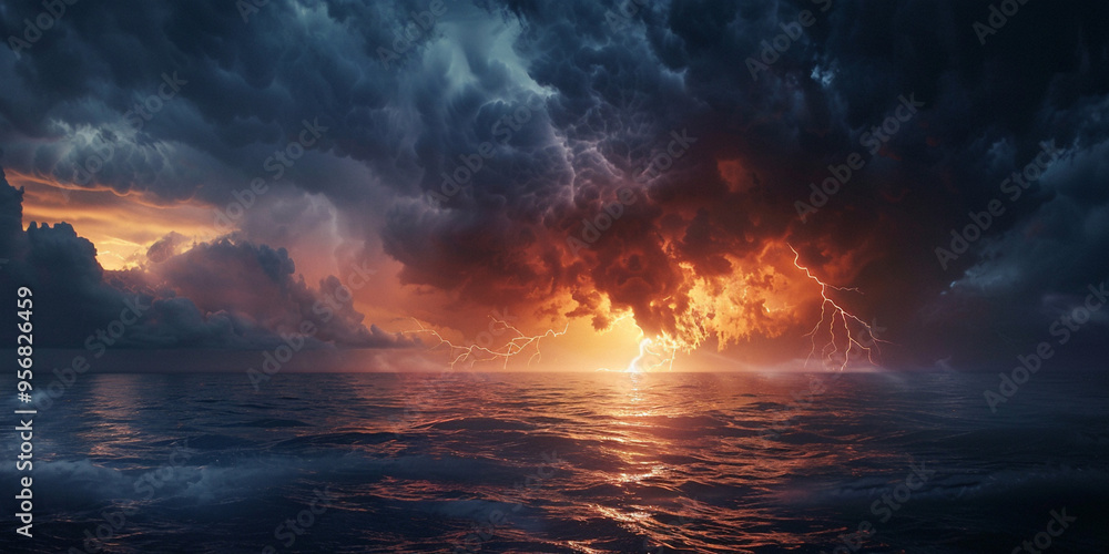 A lightning storm over the ocean with dark background A lightning storm over the ocean with dark background