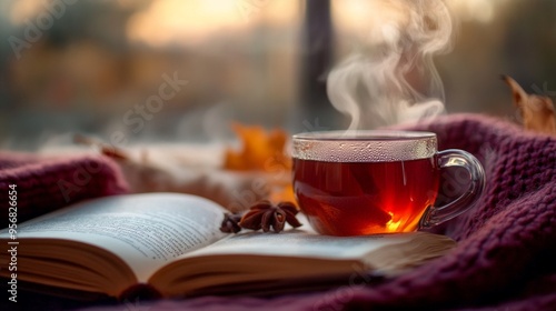 Cozy Autumn Retreat, a steaming cup of spiced tea nestled in a warm corner, accompanied by a captivating book and a soft woolen blanket, ideal for chilly evenings.