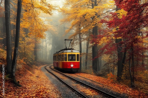 Autumn Forest with an Old Tram on the Tracks, AI generated illustration