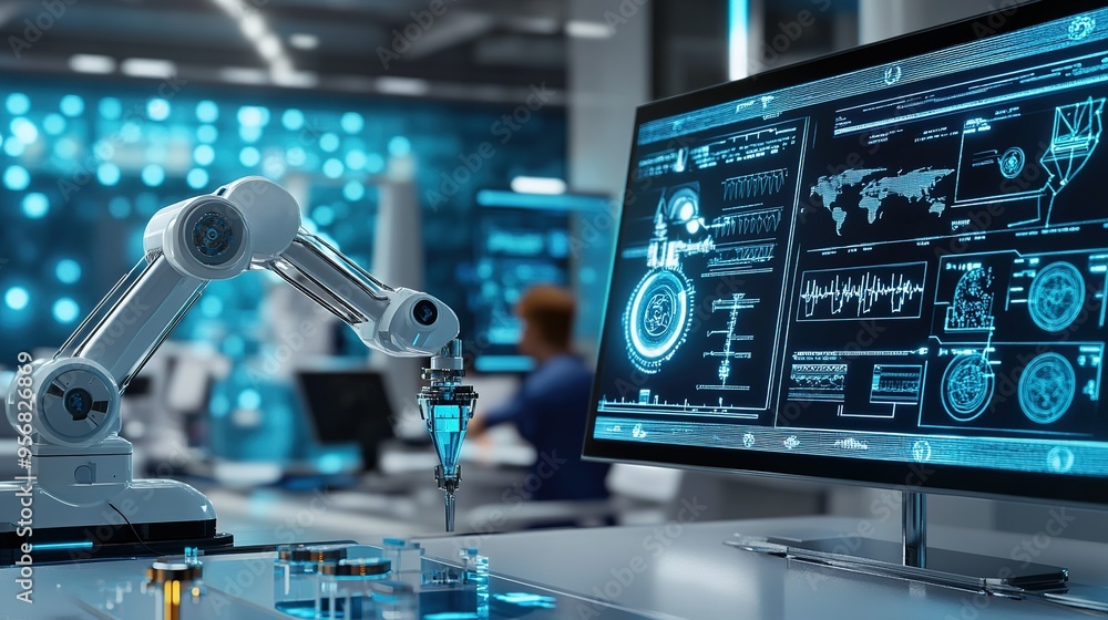 Fototapeta premium Futuristic laboratory with robotic arm and advanced digital screen displaying data and analytics in a modern workspace