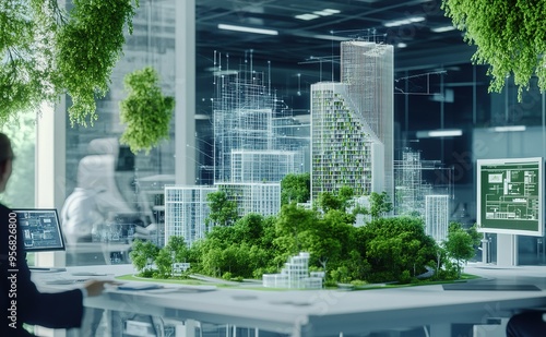 Architectural design model showcasing a sustainable urban landscape with greenery, buildings, and technology in a modern workspace during daytime