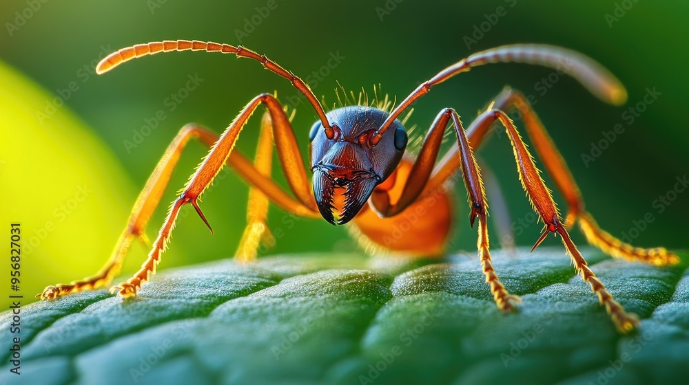 Close-up of a single ant crawling on a leaf, showcasing its detailed legs, antennae, and body structure against a clean background. Close-up of a single ant crawling on a leaf, showcasing its detailed legs, antennae, and body structure against a clean background.