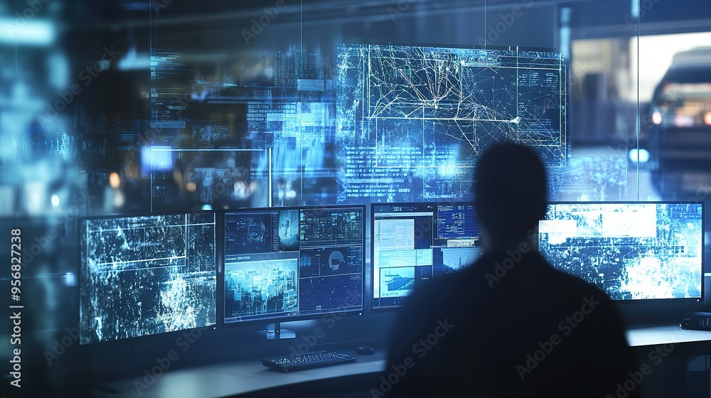 A person analyzes data on multiple screens in a high-tech control room during nighttime work hours A person analyzes data on multiple screens in a high-tech control room during nighttime work hours