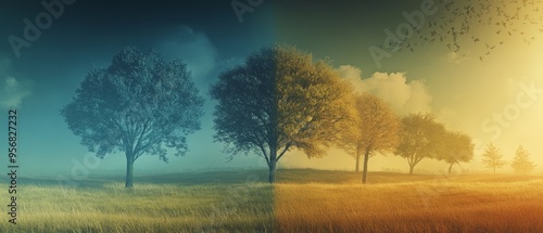 Visualize a time-lapse inspired composition, merging morning, noon, and evening into one frame, highlighting the gradual change in light and atmosphere