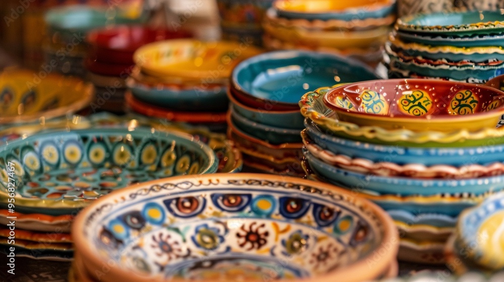 Vibrant handcrafted ceramic bowls with intricate patterns and designs showcase the rich artistry of traditional pottery at a colorful market stall or artisan shop. Vibrant handcrafted ceramic bowls with intricate patterns and designs showcase the rich artistry of traditional pottery at a colorful market stall or artisan shop.