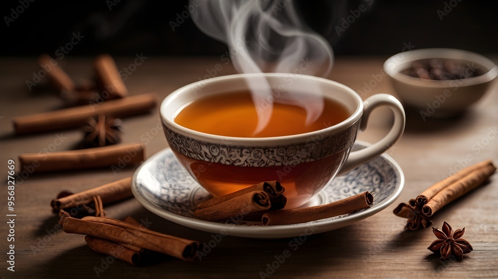 cup of tea with steam and fresh cinnamon next to it
cup of tea with steam and fresh cinnamon next to it