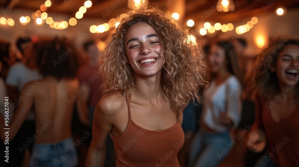 A group of college students dancing at a house party, the energy high and the room filled with laughter and upbeat music. A group of college students dancing at a house party, the energy high and the room filled with laughter and upbeat music.