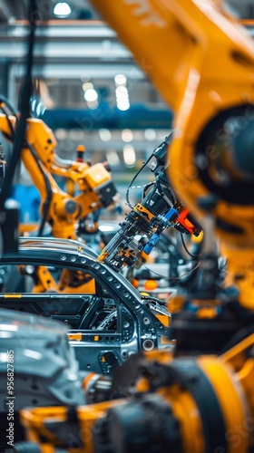 Robotic arms in vibrant orange hues dominate an automated assembly line, showcasing advanced manufacturing technology in a modern industrial setting.