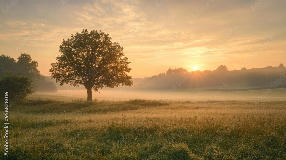 A misty morning in the countryside, with a lone tree standing in a field of dewy grass, the sun just beginning to rise.