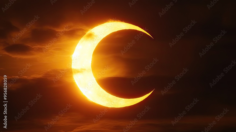 Close-up of a solar eclipse with the moon partially covering the sun, creating a crescent shape and casting a subtle glow around the edges. Close-up of a solar eclipse with the moon partially covering the sun, creating a crescent shape and casting a subtle glow around the edges.