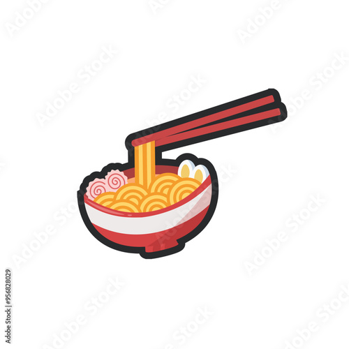 ramen noodle in a bowl and chopstick with outline flat vector design.