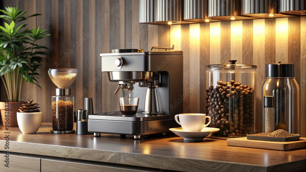 A modern, well-organized coffee station with a sleek espresso machine, grinder, and coffee beans against a clean, minimalist background with warm lighting. A modern, well-organized coffee station with a sleek espresso machine, grinder, and coffee beans against a clean, minimalist background with warm lighting.