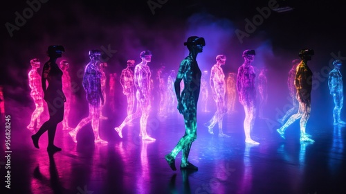 A group of dancers exploring augmented reality, where their movements are mirrored by digital avatars in a vibrant, otherworldly setting.