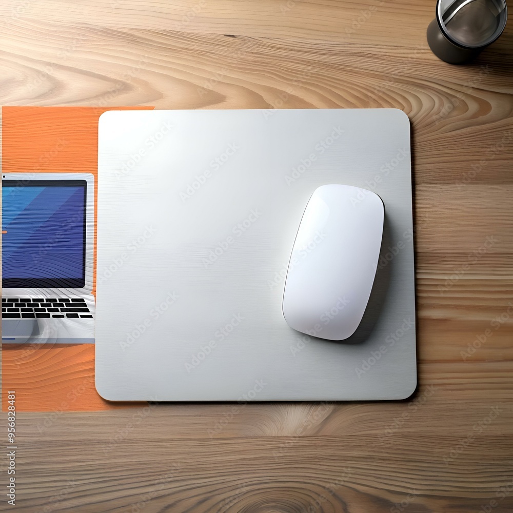 A minimalist workspace featuring a sleek. silver mousepad with a wireless mouse and a laptop on a wooden desk. A minimalist workspace featuring a sleek. silver mousepad with a wireless mouse and a laptop on a wooden desk.