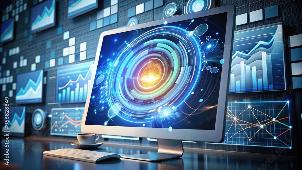 A modern computer screen displaying a swirling vortex of 1s and 0s surrounded by icons of folders, charts, and graphs, representing data analysis and processing. A modern computer screen displaying a swirling vortex of 1s and 0s surrounded by icons of folders, charts, and graphs, representing data analysis and processing.