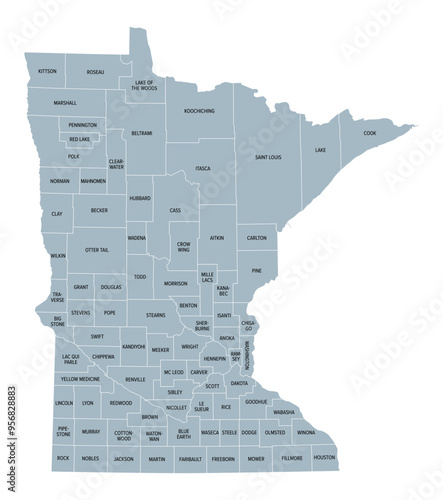 Minnesota counties, gray political map. Minnesota, a state in the Upper Midwestern region of the United States, subdivided into 87 counties. Map with boundaries and county names. Illustration. Vector