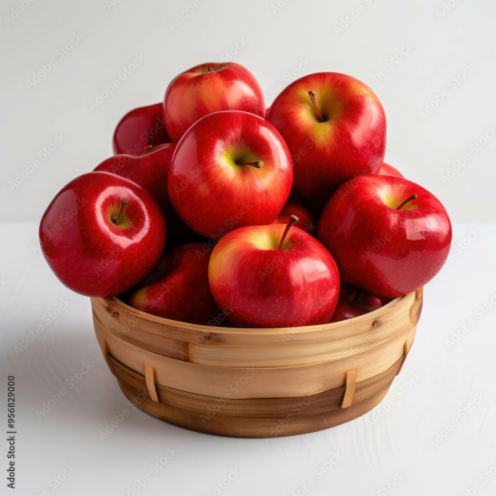 A Basketful of Crimson Delight: Ripe red apples overflow a rustic wooden bowl, offering a tempting display of freshness and flavor. A Basketful of Crimson Delight: Ripe red apples overflow a rustic wooden bowl, offering a tempting display of freshness and flavor.