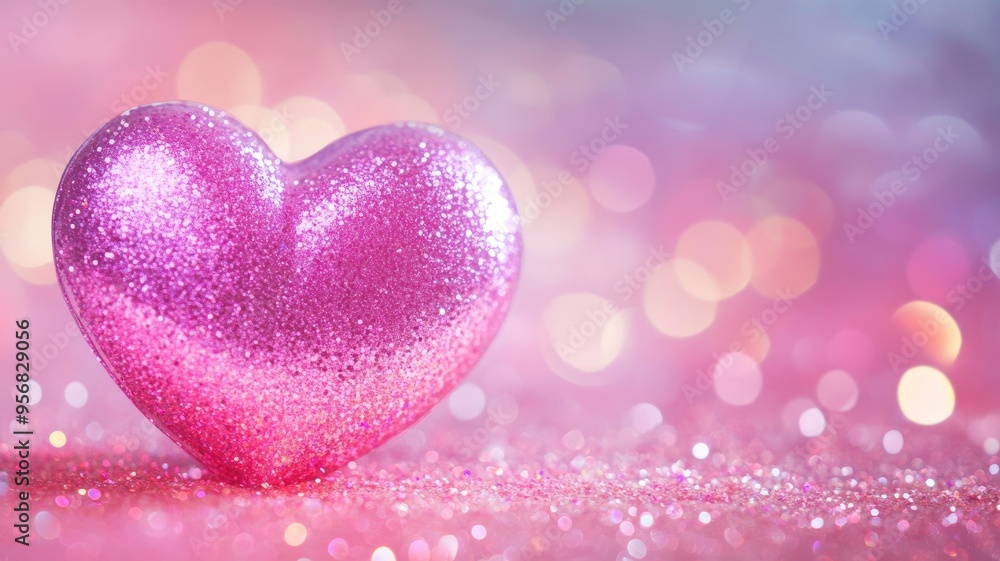 Obraz premium Glittering pink heart surrounded by a dreamy bokeh background, creating a magical and romantic atmosphere.