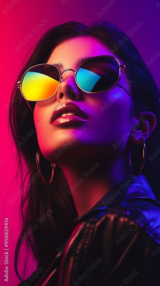 Vibrant neon portrait of woman in reflective sunglasses, bold makeup, and hoop earrings against colorful background, exuding confidence and style. Vibrant neon portrait of woman in reflective sunglasses, bold makeup, and hoop earrings against colorful background, exuding confidence and style.