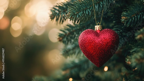 A glittery red heart ornament hangs delicately from a Christmas tree, adding a touch of love to the festive season.