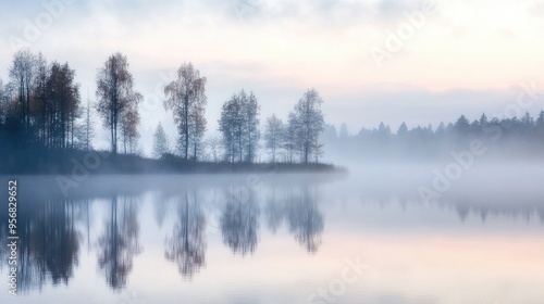 A calm, foggy morning by the lake, with silhouettes of trees reflected in the still water and a hint of dawn light.