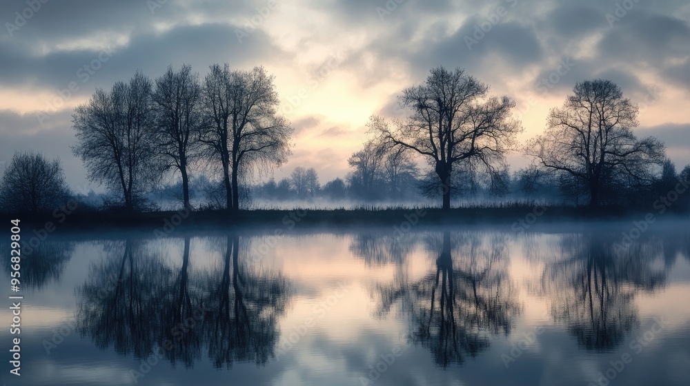 A calm, foggy morning by the lake, with silhouettes of trees reflected in the still water and a hint of dawn light. A calm, foggy morning by the lake, with silhouettes of trees reflected in the still water and a hint of dawn light.