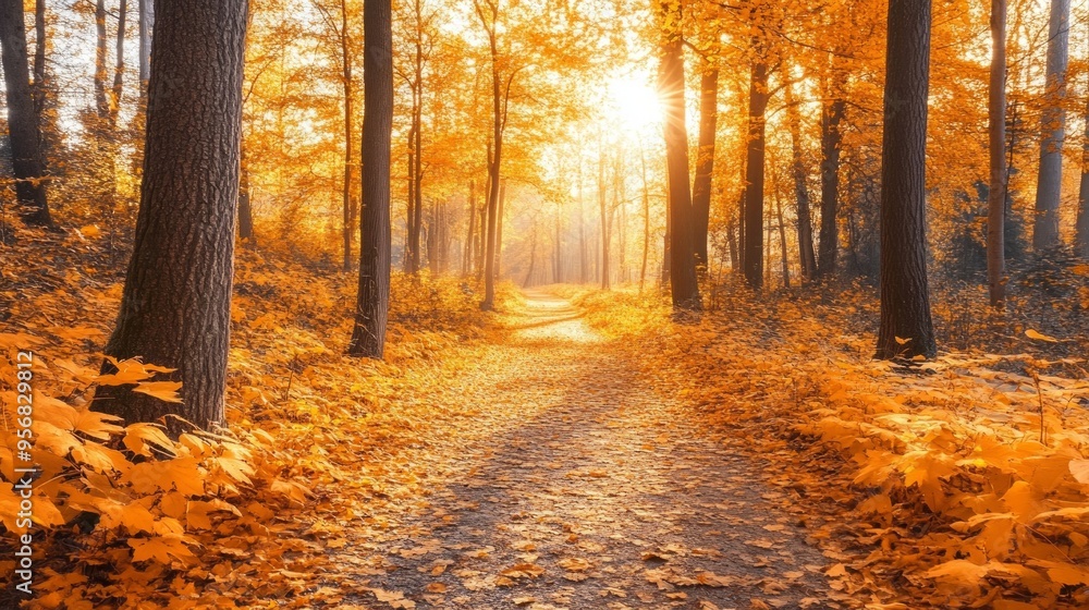Serene Woodland Pathway, a tranquil trail draped in golden leaves, gentle sunlight weaves through the trees, creating a warm, inviting atmosphere for nature lovers. Serene Woodland Pathway, a tranquil trail draped in golden leaves, gentle sunlight weaves through the trees, creating a warm, inviting atmosphere for nature lovers.