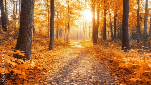 Serene Woodland Pathway, a tranquil trail draped in golden leaves, gentle sunlight weaves through the trees, creating a warm, inviting atmosphere for nature lovers.