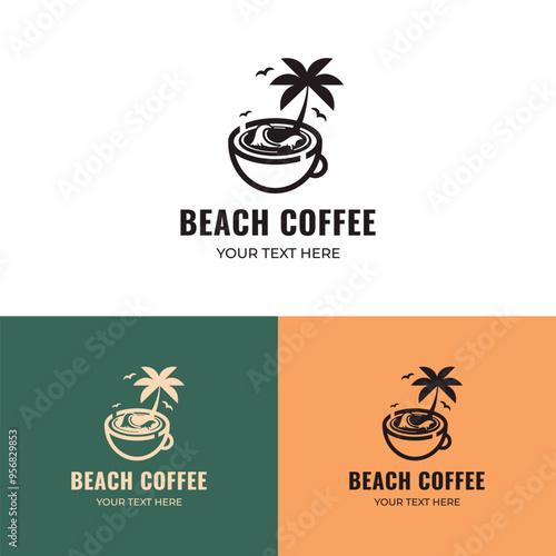 Vector flat coffee cup with palm tree logotype on white, turquoise and orange backgrounds. Wave, birds, beach, tropical, drink, elements.